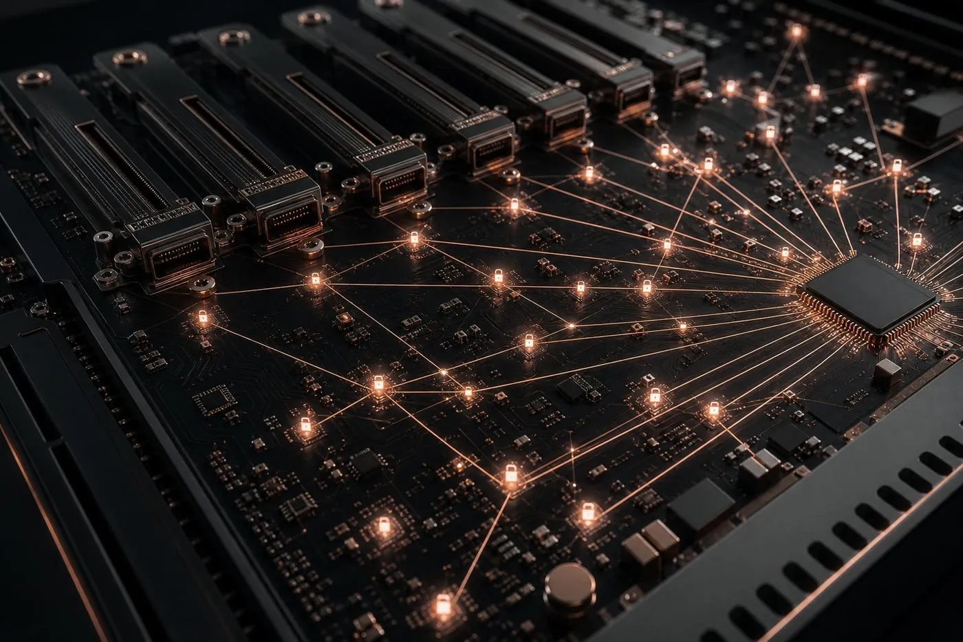 Backplane with distributed sensor nodes converging on a switch chip over a secure mesh.