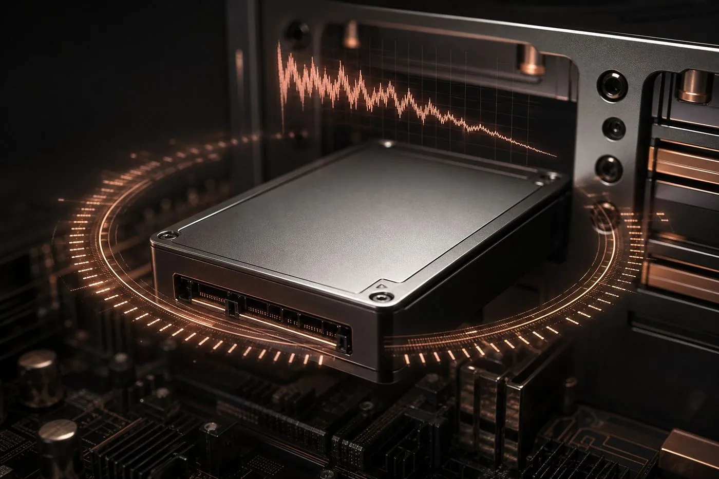 NVMe drive with a diagnostic ring showing degradation.