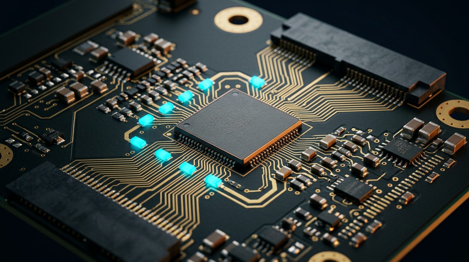 PCIe Gen6 backplane close-up — embedded ARM MCU and ThermalSense sensor cluster