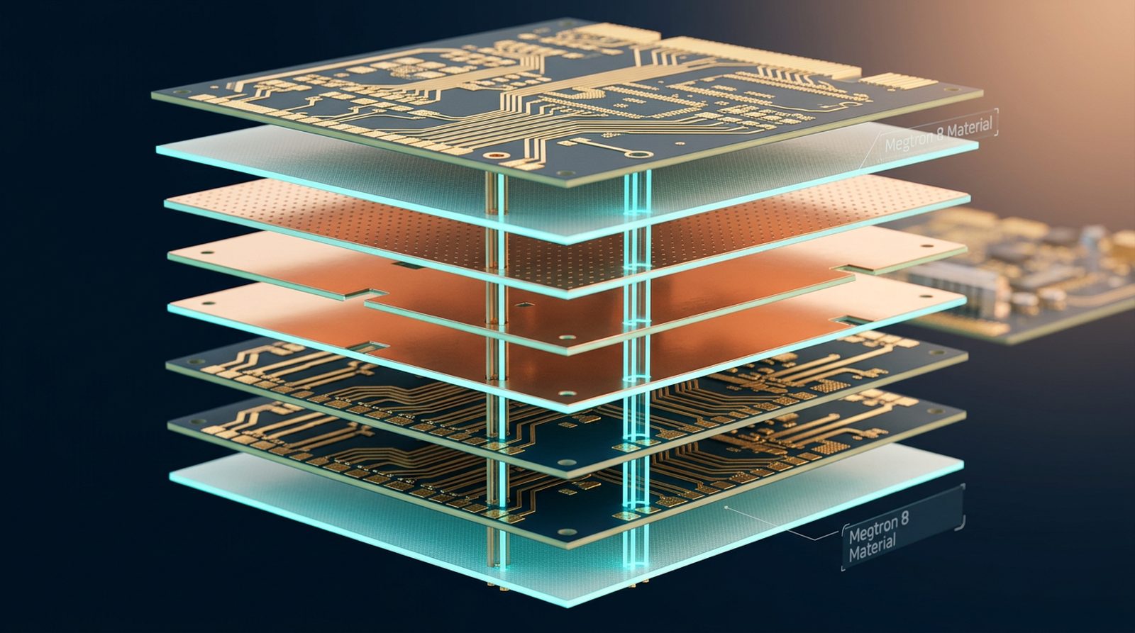 Exploded-view of Megtron 8 substrate stackup with embedded copper thermal planes