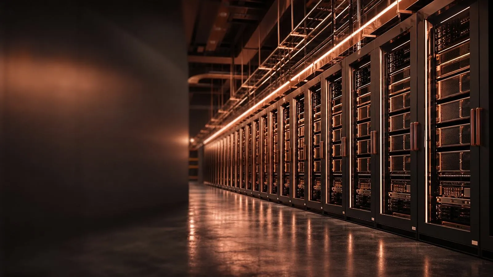AI data-center hall with rose-gold lit GPU racks.