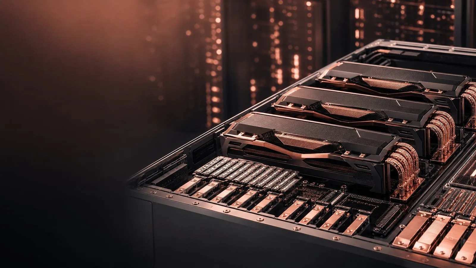 Composable GPU and storage pool linked by rose-gold light.