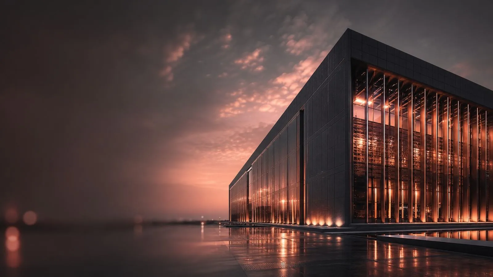 Data-center campus bathed in rose-gold sunrise light.