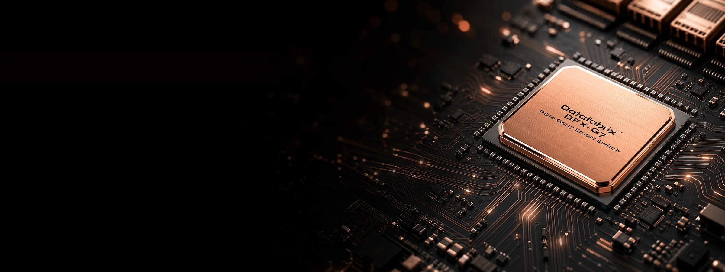 Rose-gold DFX-G7 PCIe Gen7 Smart Switch chip engraved with the Datafabrix logo, on a black circuit board with glowing copper traces.