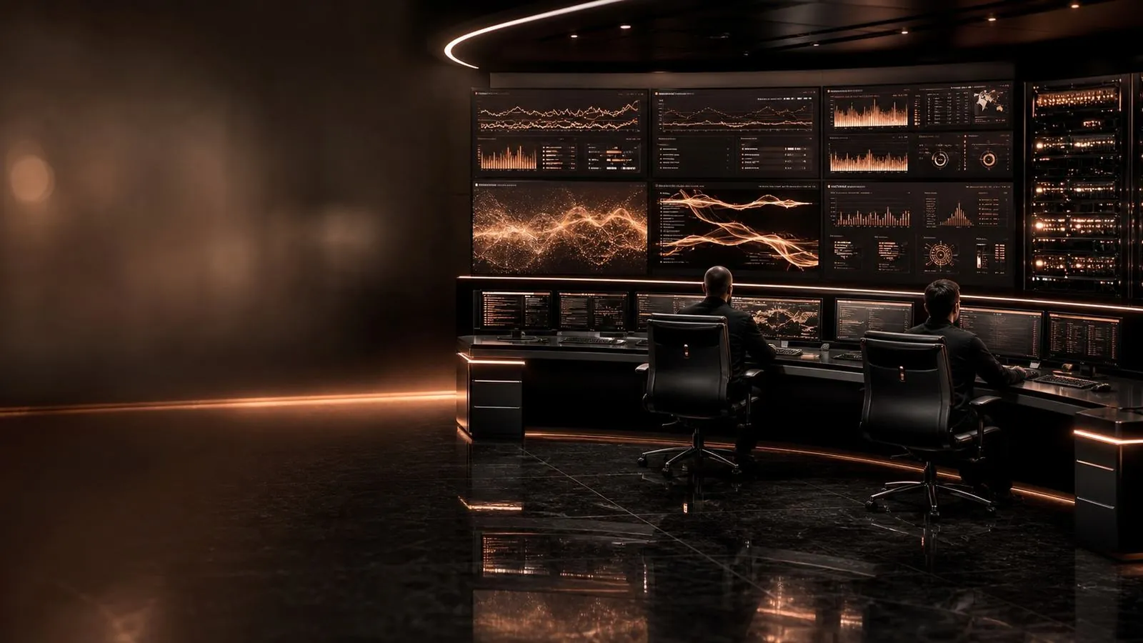Rose-gold data-center operations center with DCIM dashboards.