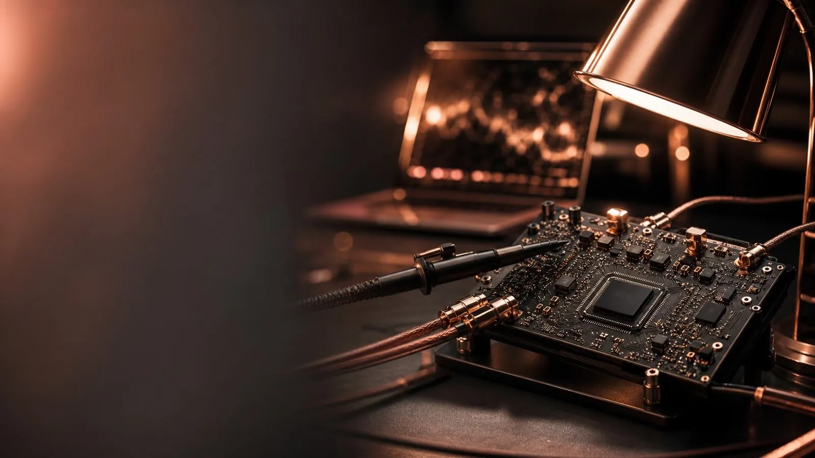 Rose-gold data ribbons and code brackets above a circuit board.
