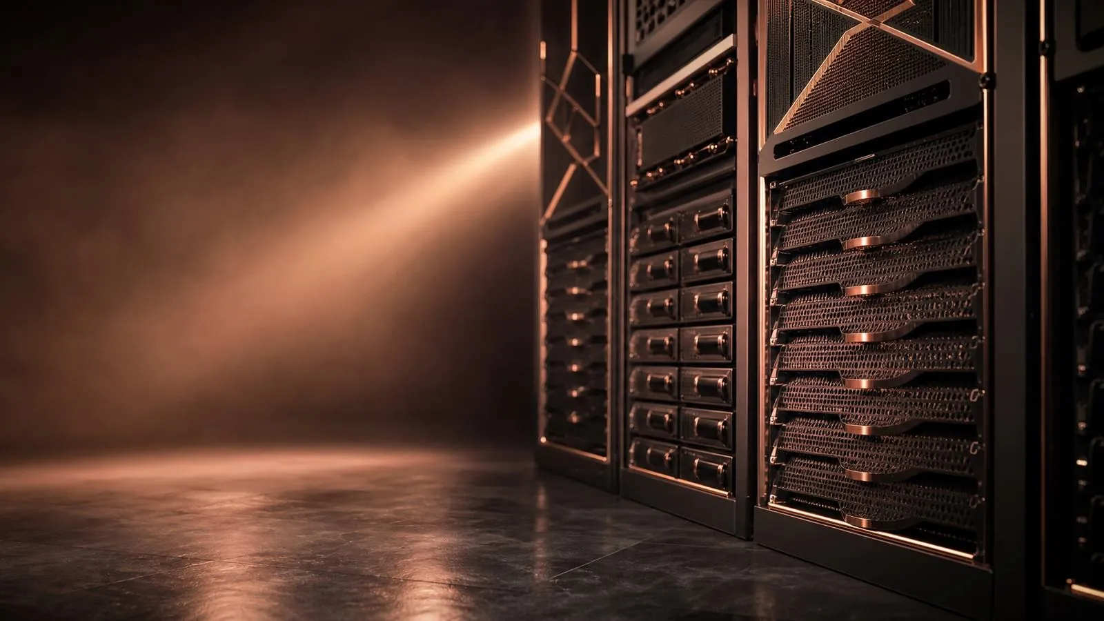 Enterprise server room in warm rose-gold light.