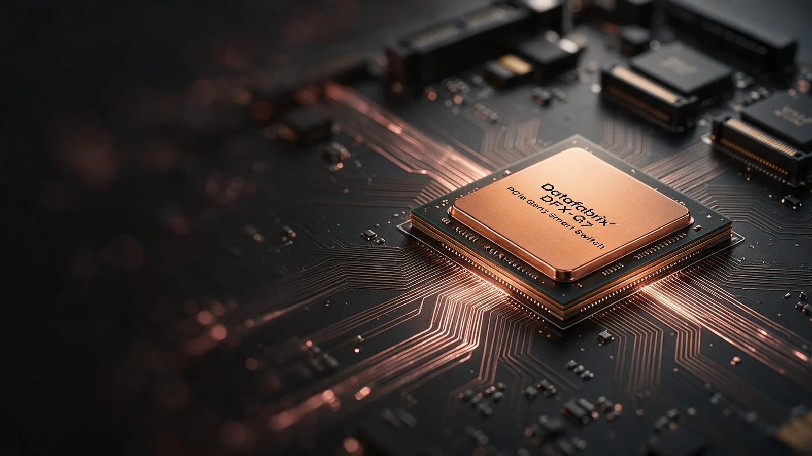 Rose-gold DFX-G7 PCIe Gen7 Smart Switch chip engraved with the Datafabrix logo, on a circuit board with glowing PCIe traces.