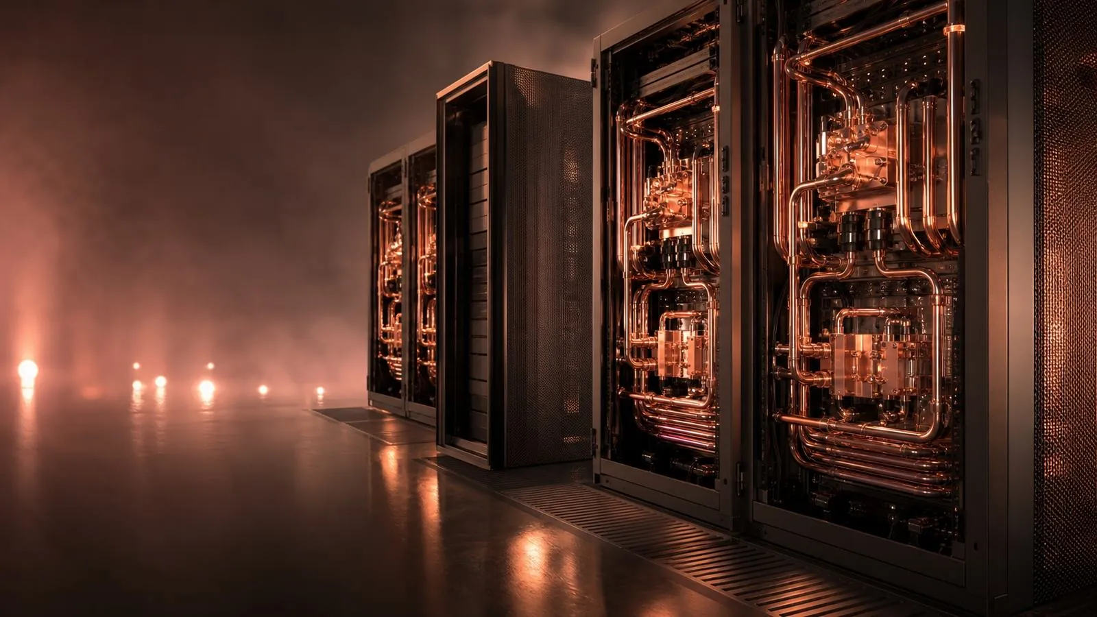 HPC cluster with rose-gold liquid cooling and data trails.