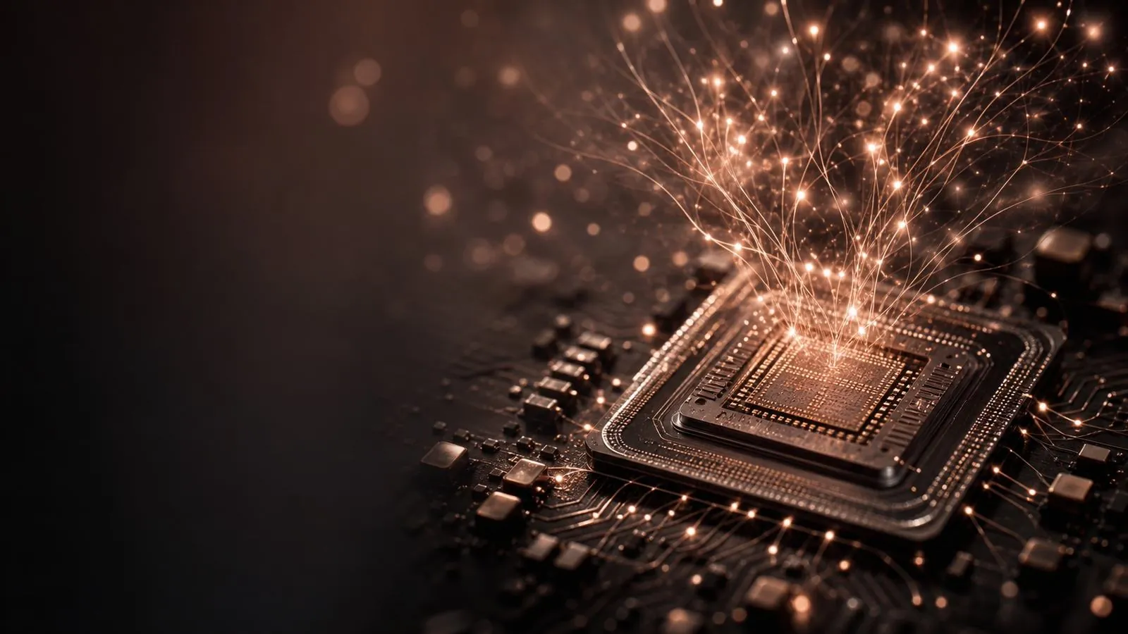 Rose-gold neural network rising from a silicon die.