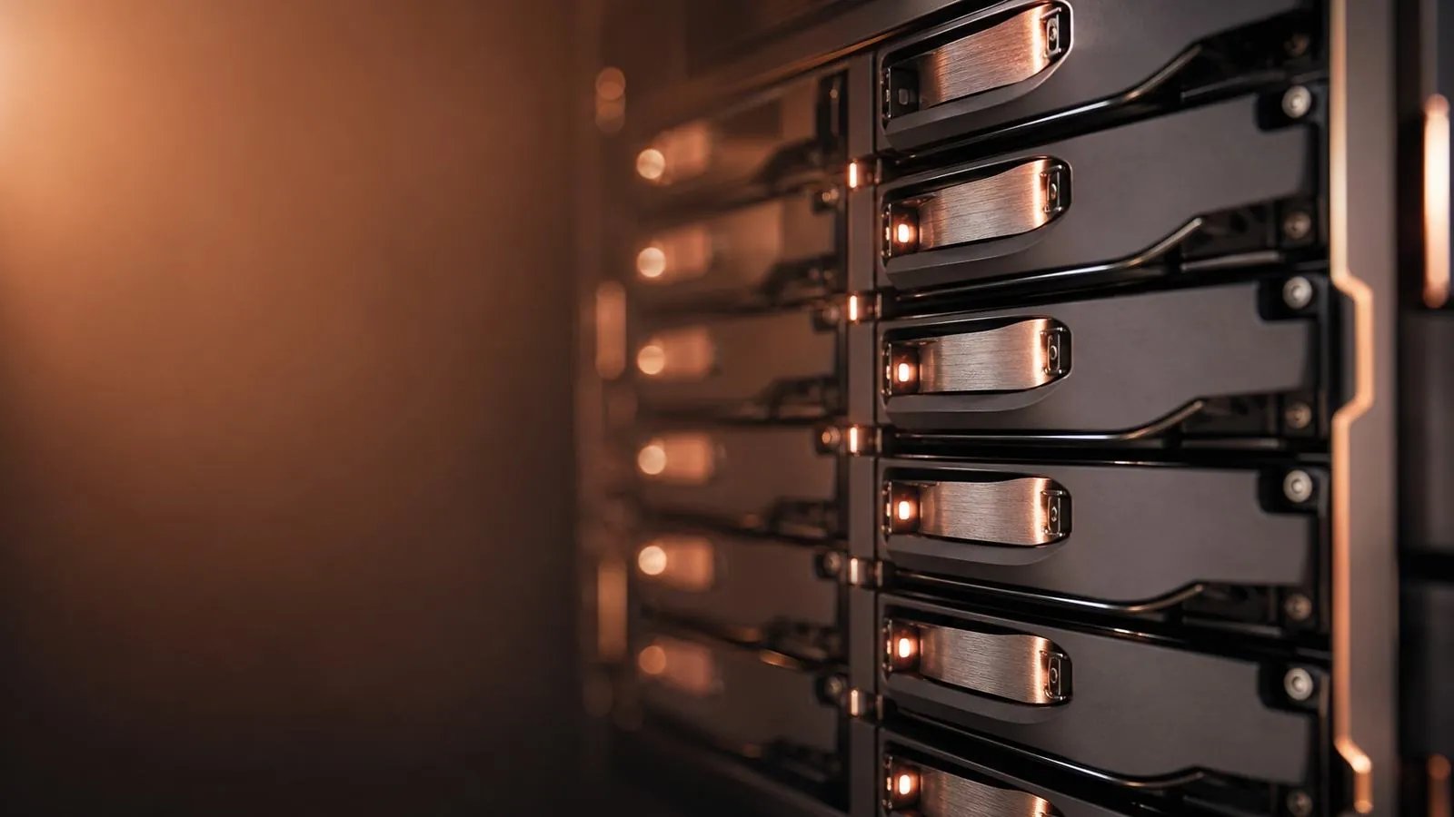 NVMe drive array with rose-gold status lights.
