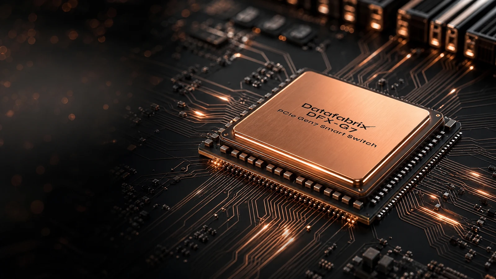 Rose-gold DFX-G7 switch package with data streams flowing into it.