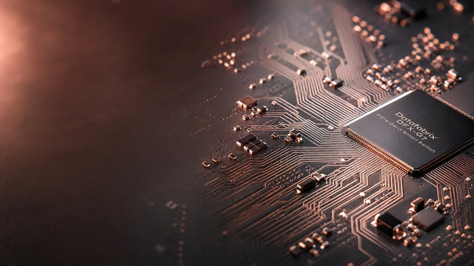 Rose-gold PCIe lanes converging on the DFX-G7 switch chip, engraved with the Datafabrix logo.