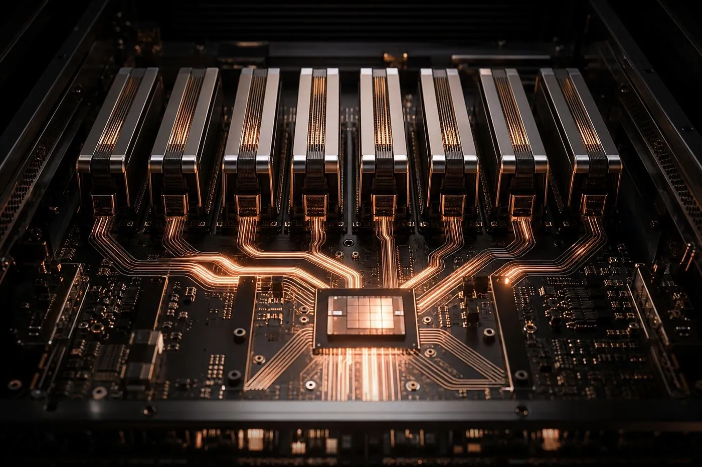 GPU modules with rebalanced rose-gold traffic paths.