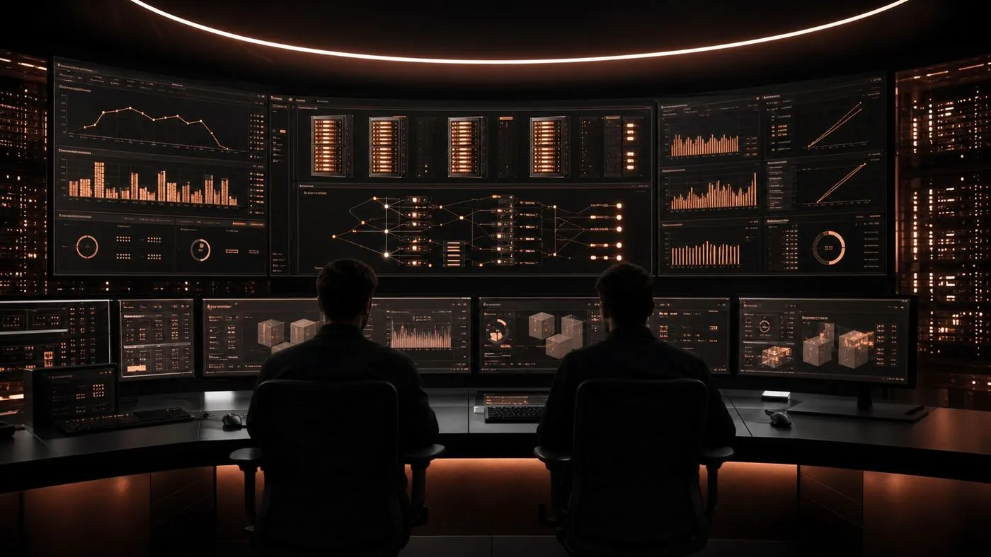 Operators facing a wall of rose-gold DCIM dashboards.