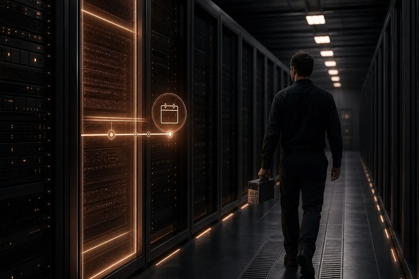 Technician walking toward a rack highlighted for planned maintenance.