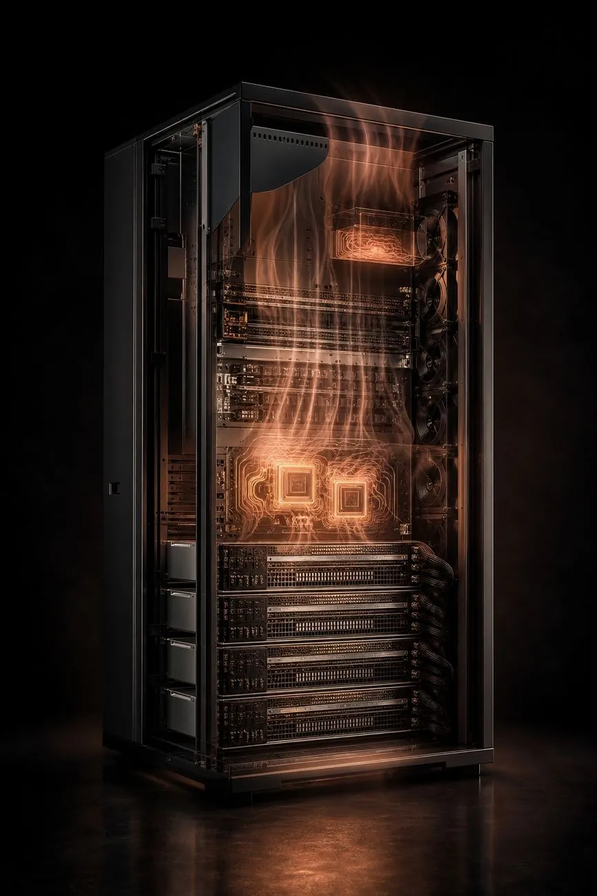 Rack with predicted thermal hotspots in rose-gold haze.