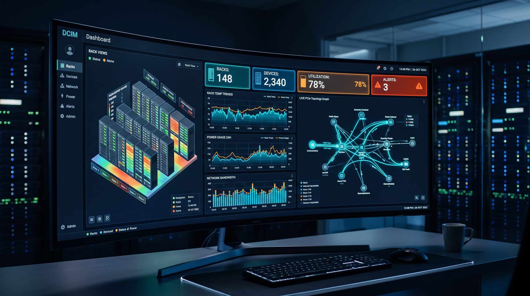Datafabrix DCIM console — Guardian, Thermal, StorageOS, Insight, Twin, Cloud, Vision, Conventional DCIM